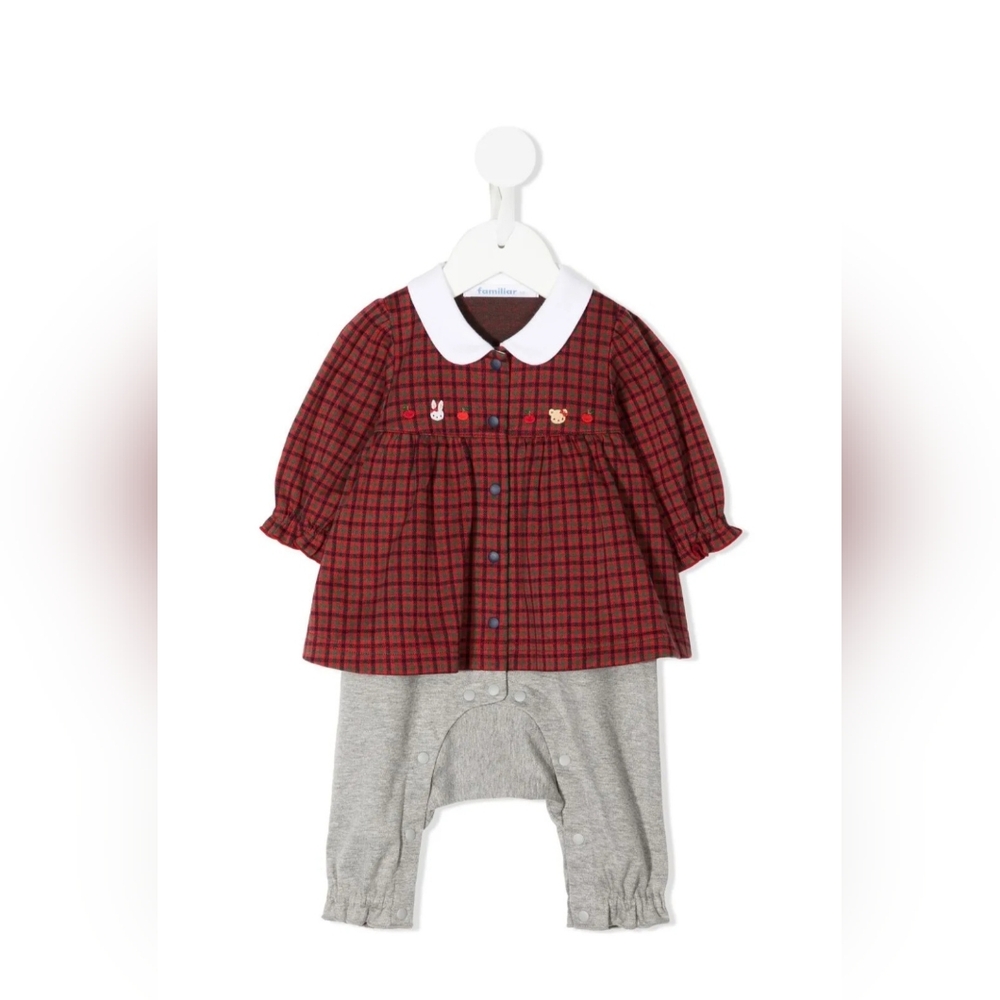 Familiar Check Print Long-Sleeve Collared Onesie In Red Baby Size 12M NWT